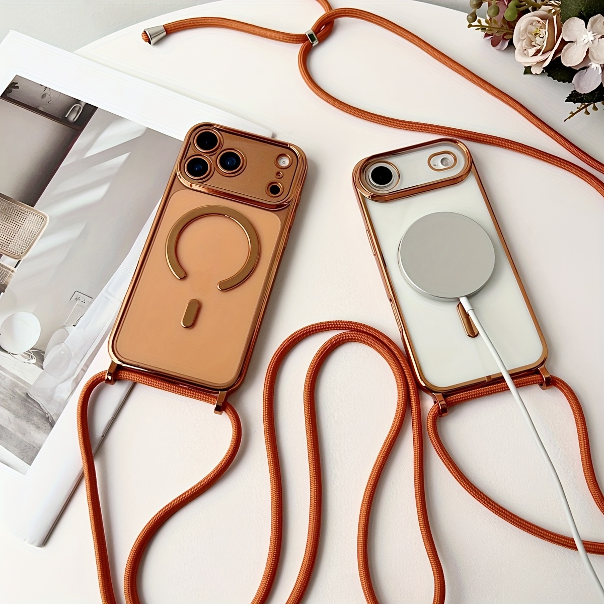 Luxury Plating Case - 高級ネックレスコードロープストラップメッキ磁気クリアフォンケース iPhone 17 16 14 12