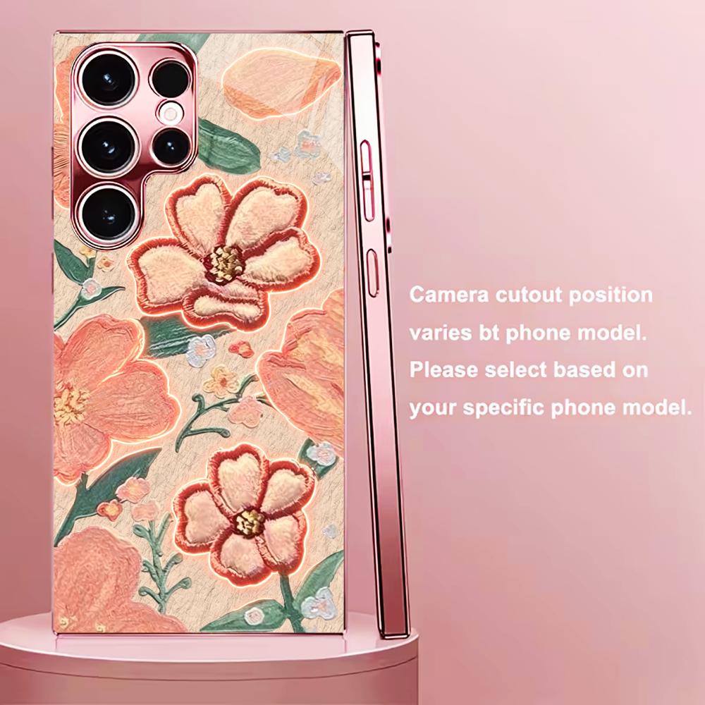 Phone Cases Quad Lock - 光る桃の花柄ファッションスマホケース s26 ultraケース クアッドロック 폰케이스 ガラス製
