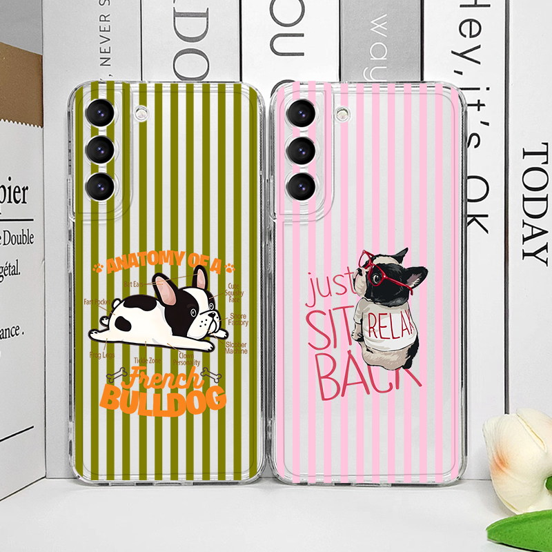 Phone Cases Samsung A14 - ピンクのストライプが可愛いパグ犬とフレンチブルドッグ柄のスマホケース、Samsung A57 A14 A16 A36 A55