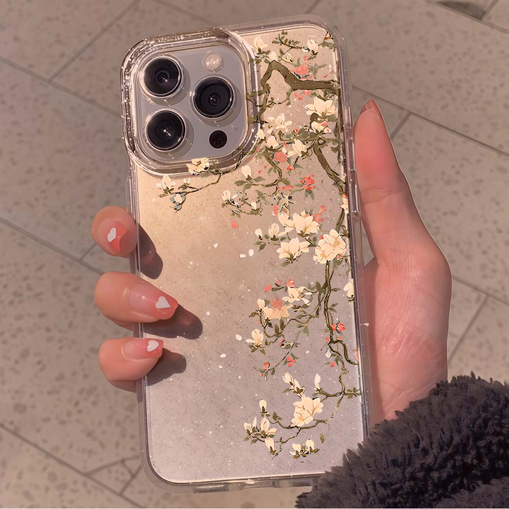 Phone Cases Xr - ヴィンテージマグノリアフラワーグリッターフォンケース iPhone 17 16 14 12