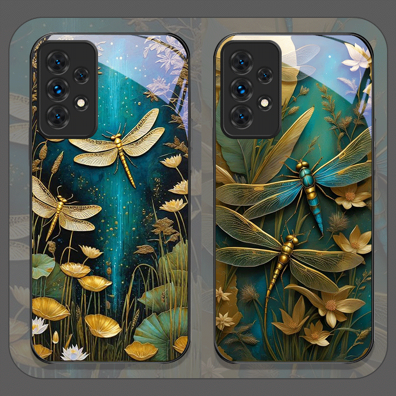 Phone Cases Samsung A14 - 花柄ゴールデン・ドラゴンフライ強化ガラス製スマホケース Samsung Galaxy A06 A17 A55