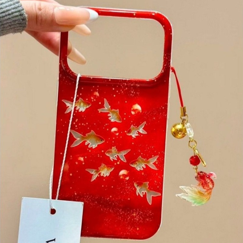 Phone Cases Redbubble - 幸運の赤いグリッターゴールドフィッシュ＆バブルフォーチュンチャームベルペンダント付きiPhone 17 16 15 14 12
