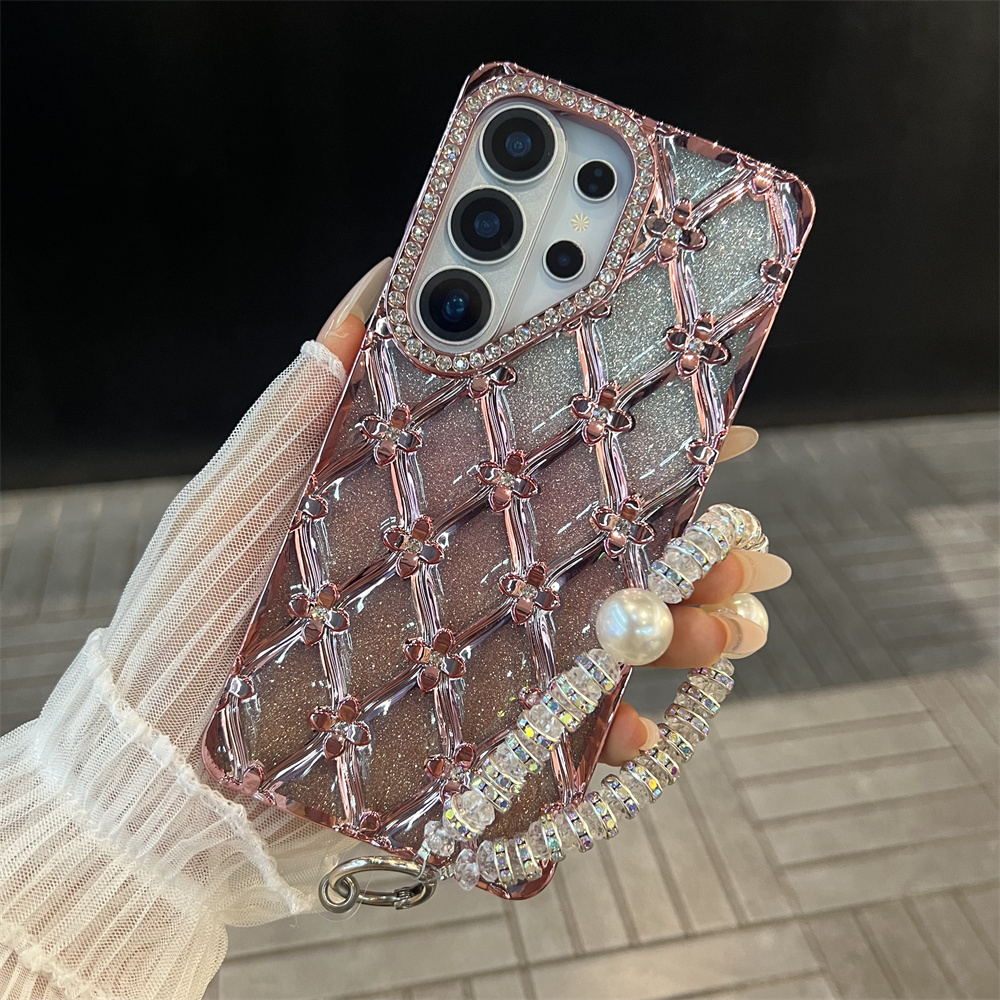 Luxury Plating Case - 高級メッキフラワーグリッターラインストーンブレスレット付きスマホケース Samsung S25 S26 Ultra S23