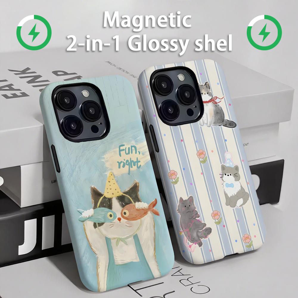 Phone Cases Magnetic - かわいい猫と犬のスマホケース マグネット式 2-in-1 光沢シェル iPhone 16e