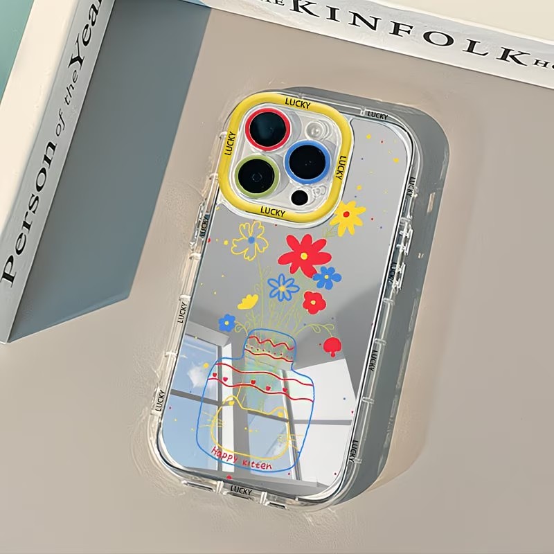 Phone Cases Xr - 夏のデイジー柄猫花瓶デザインミラー付きスマホケース iPhone 17 13 11 12