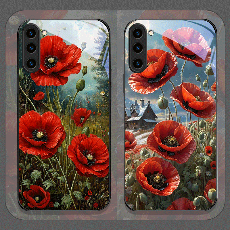 Phone Cases Galaxy S25 - レトロなポピーの花柄、ホットレッドプリントの強化ガラス製スマホケース、Samsung Galaxy S26 S25 Ultra S24