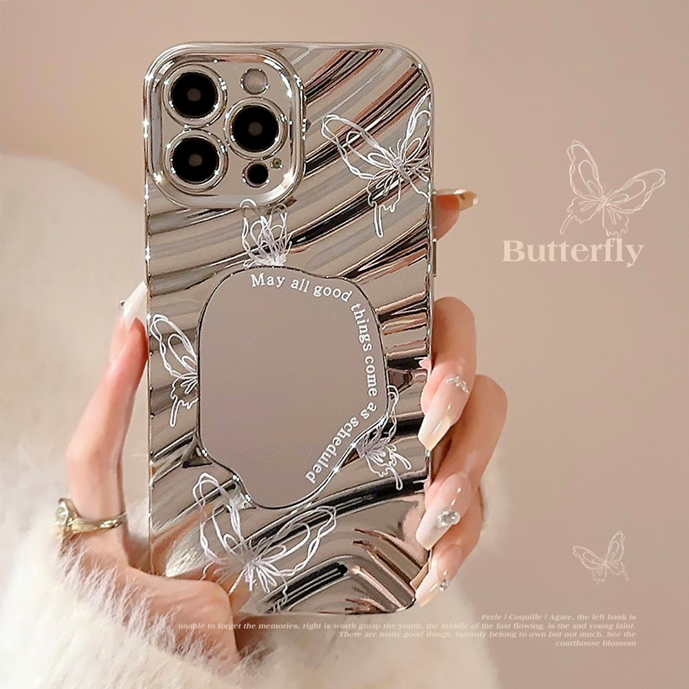 高級シルバーウェーブメッキメイクアップミラー付きiPhone - Luxury Plating Case のレビューと価格