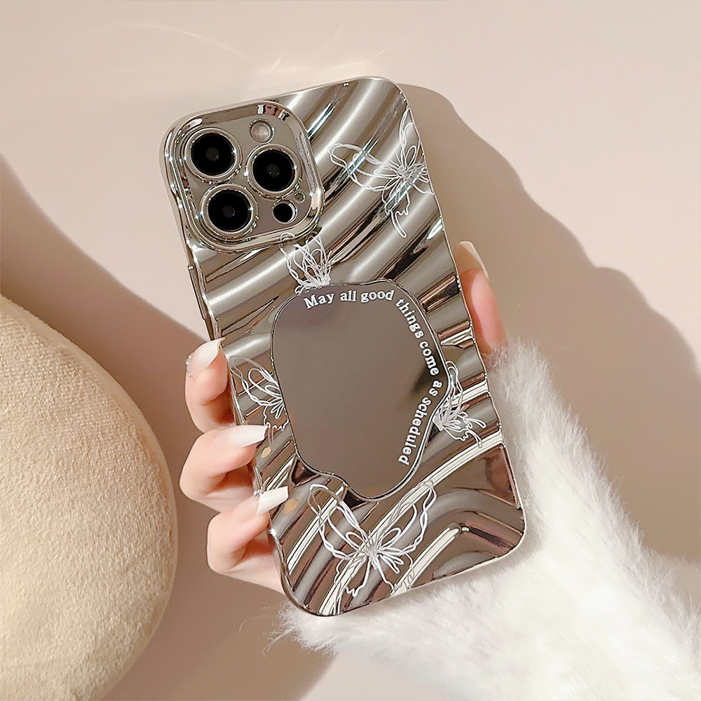 高級シルバーウェーブメッキメイクアップミラー付きiPhone - Luxury Plating Case のレビューと価格
