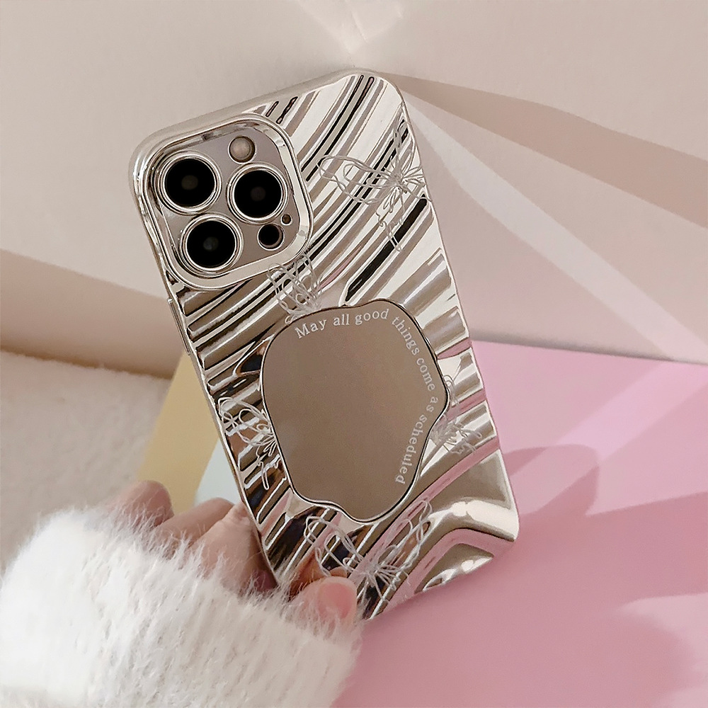 高級シルバーウェーブメッキメイクアップミラー付きiPhone - Luxury Plating Case のレビューと価格