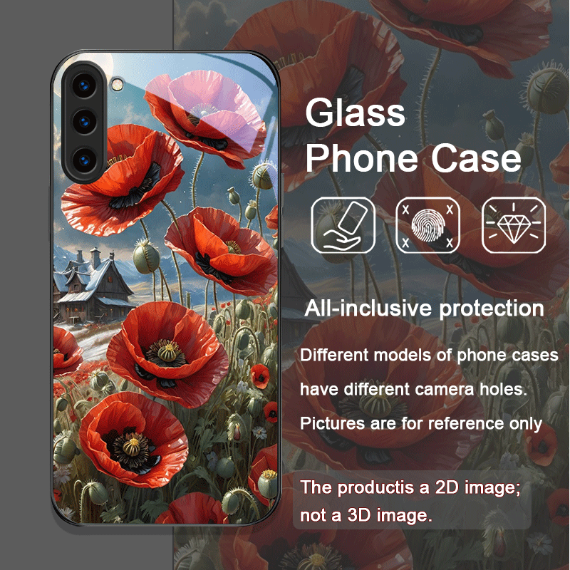 レトロなポピーの花柄、ホットレッドプリントの強化ガラス製スマ - Phone Cases Galaxy S25 のレビューと価格